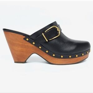 Veronica Beard Hendrix Black Leather Clogs Buckle Studded Heeled Mules - 7M